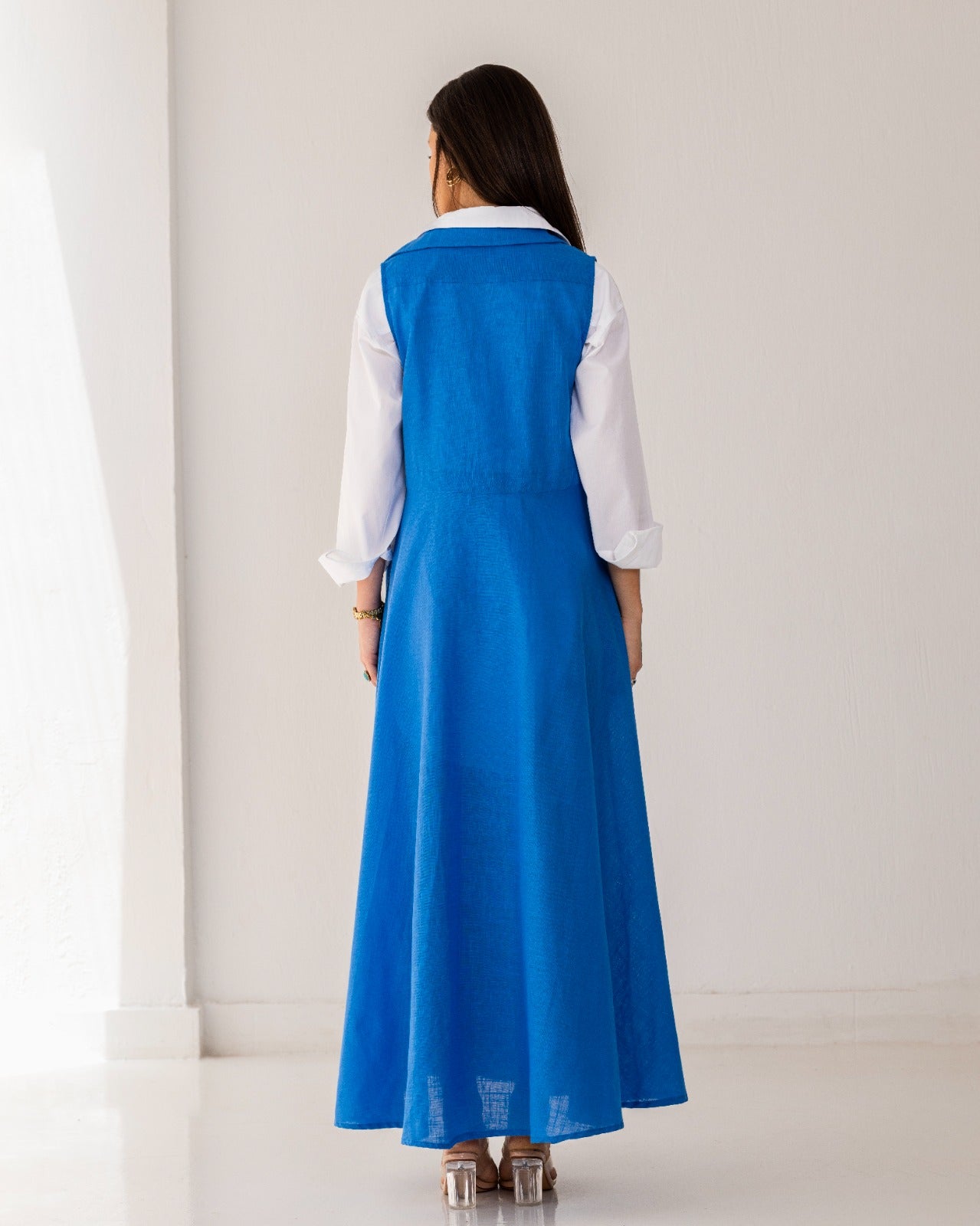 SLEEVELESS LINEN DRESS -BLUE