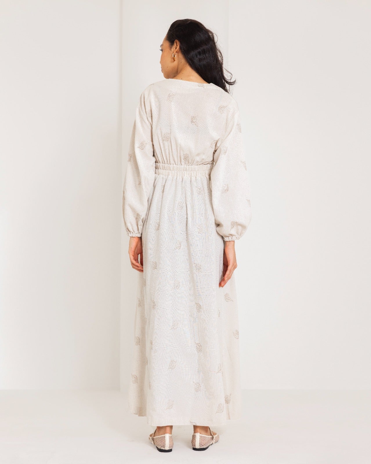 EMBROIDERED LINEN DRESS-BEIGE