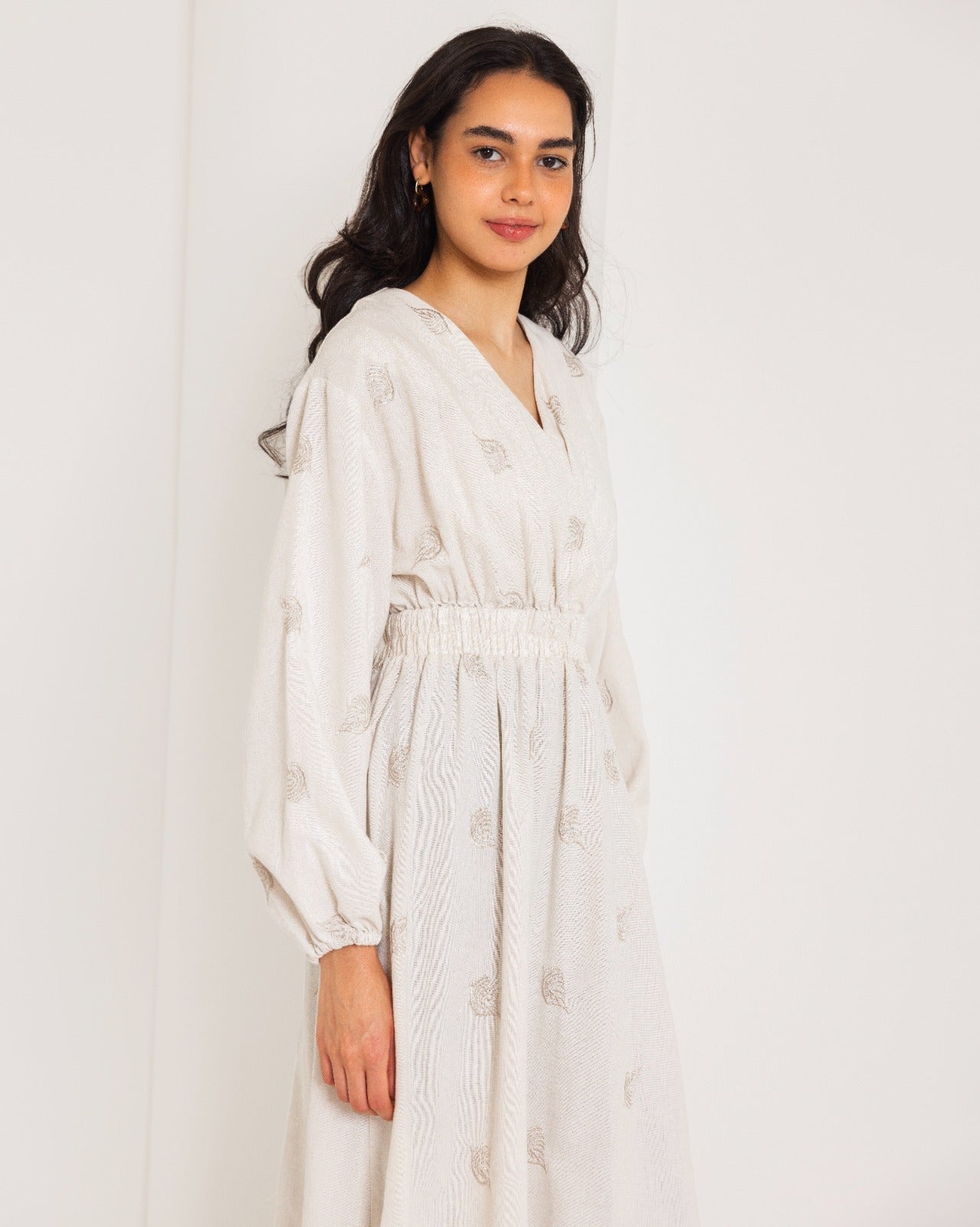 EMBROIDERED LINEN DRESS-BEIGE