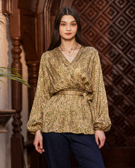 FLOWERED WRAP BLOUSE-OLIVE