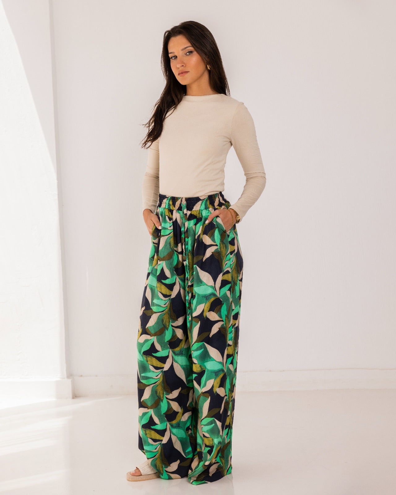 PRINTED COTTON PANTS-GREEN