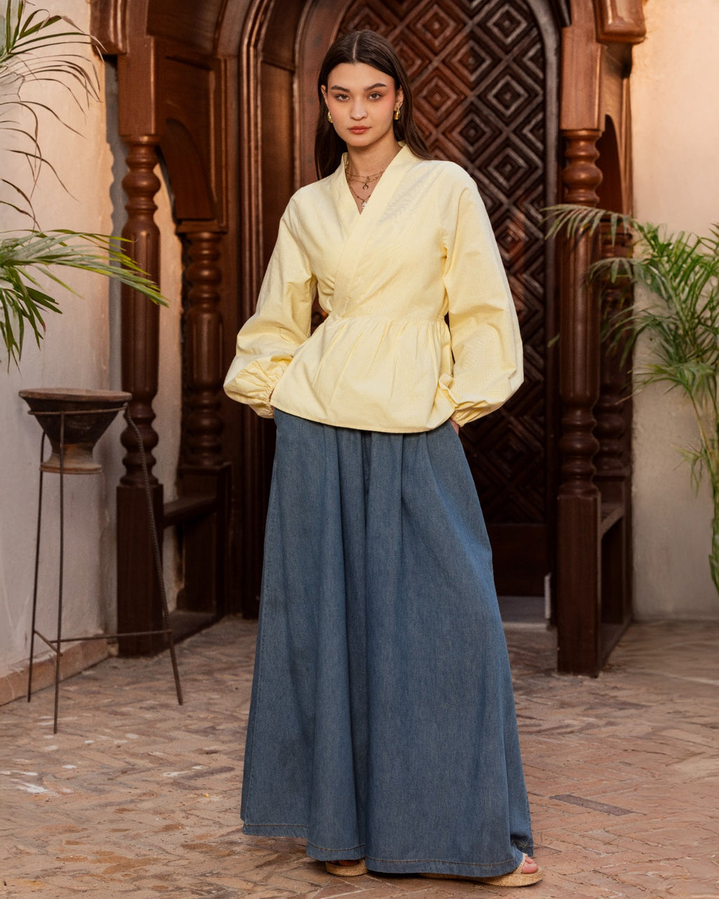 DENIM WIDE LEG PANTS-BLUE