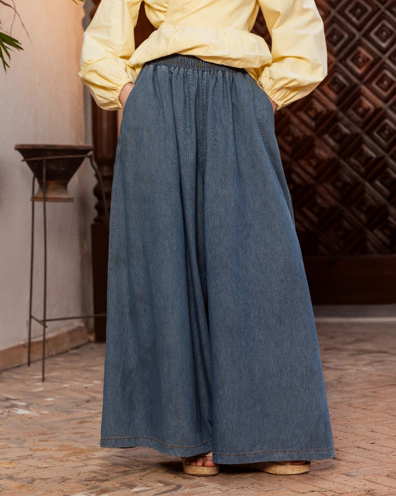 DENIM WIDE LEG PANTS-BLUE