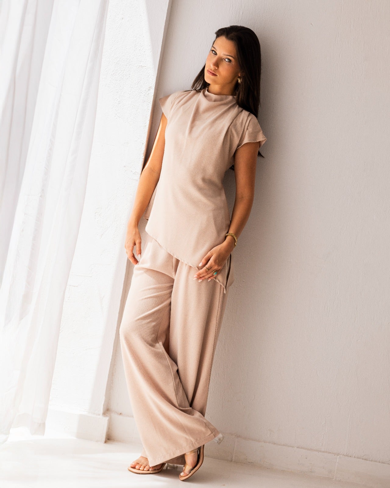 PLAIN LOW WAIST PANTS-BEIGE
