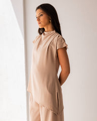 HIGH LOW DRAPPED TOP-BEIGE