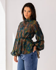 PUFFY SLEEVES CROPPED BLOUSE-MIXED COLOR