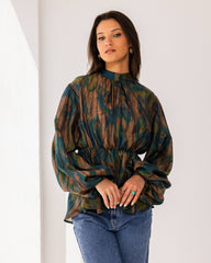 PUFFY SLEEVES CROPPED BLOUSE-MIXED COLOR
