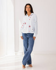 STRIPED EMBROIDERY SHIRT-WHITE