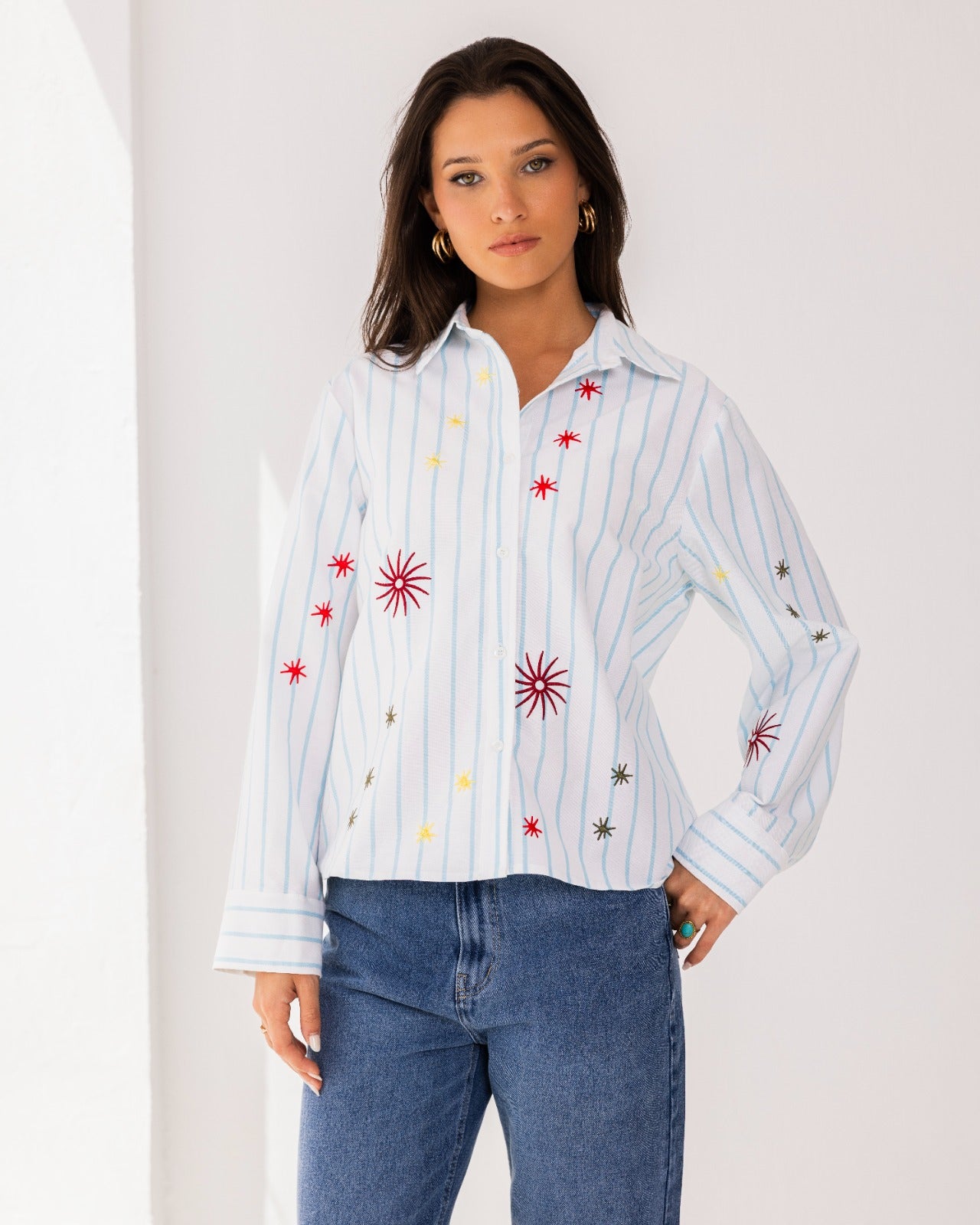 STRIPED EMBROIDERY SHIRT-WHITE