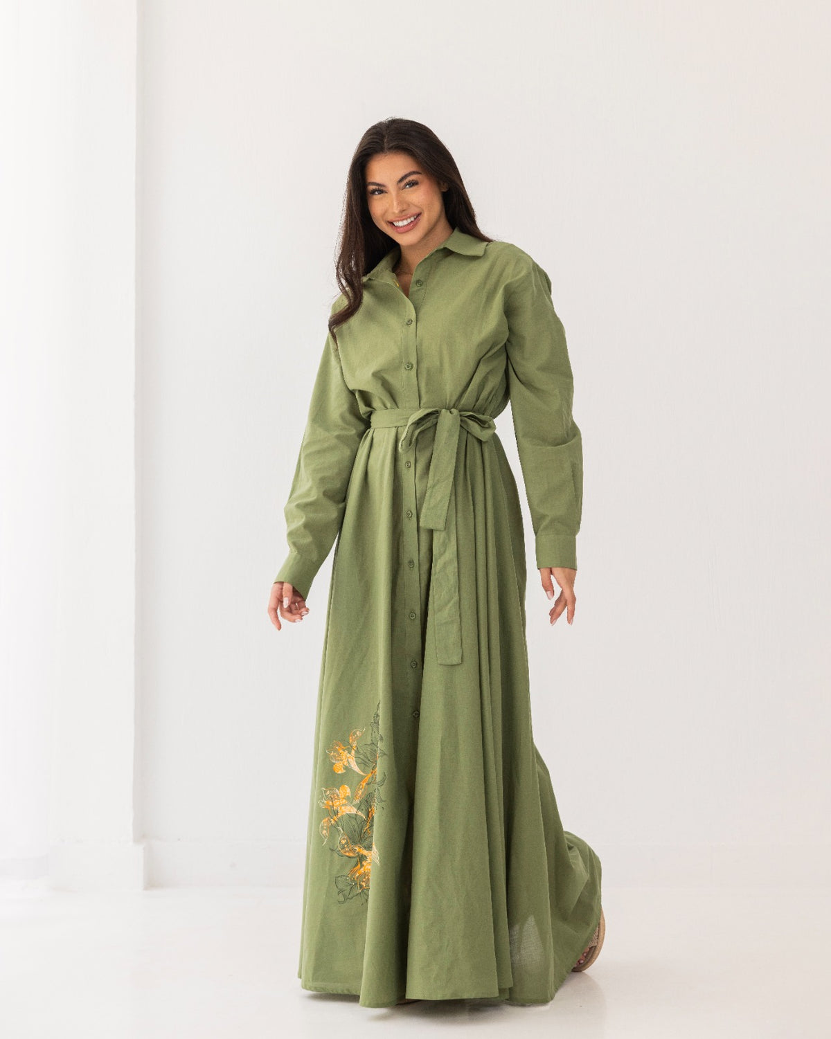 flowered print shirt dress-OLIVE