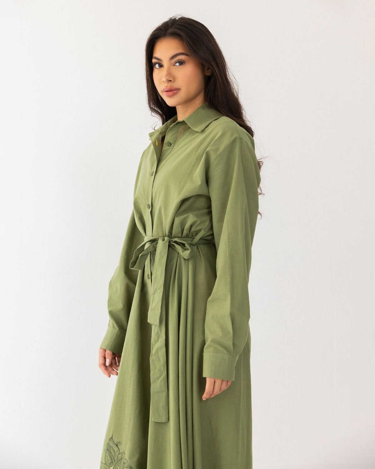 flowered print shirt dress-OLIVE