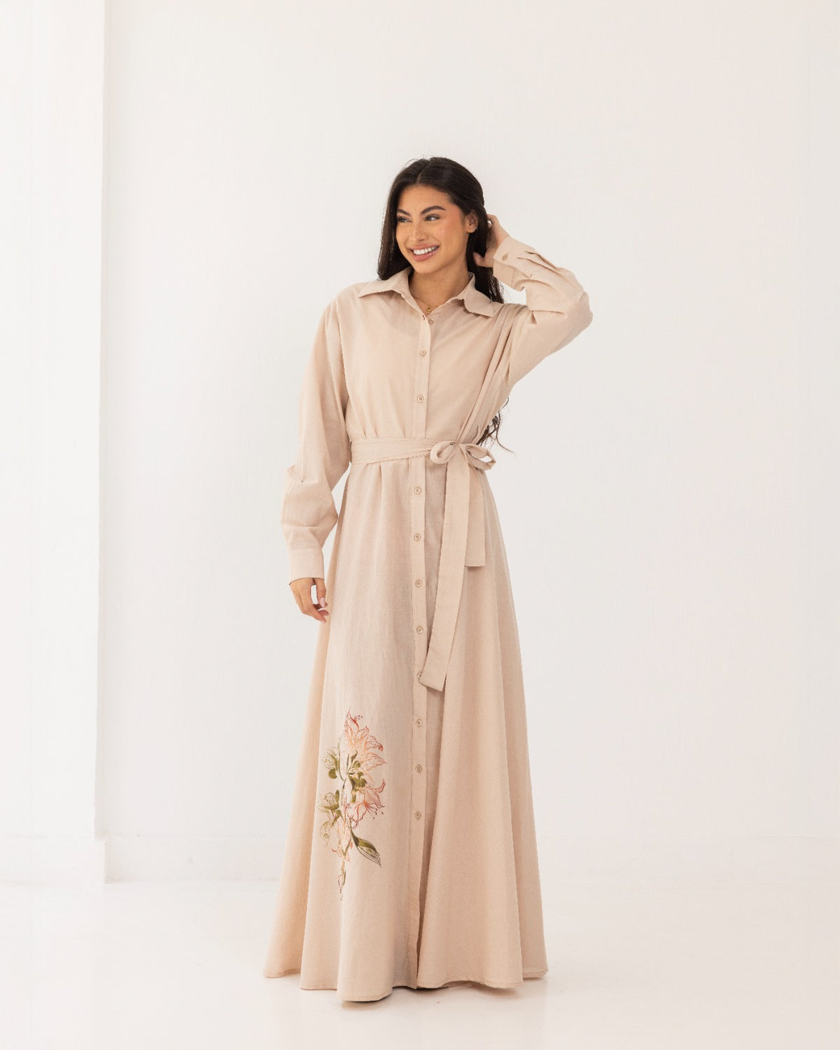 flowered print shirt dress-BEIGE