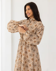 PRINTED FLOWY DRESS-BEIGE