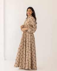PRINTED FLOWY DRESS-BEIGE