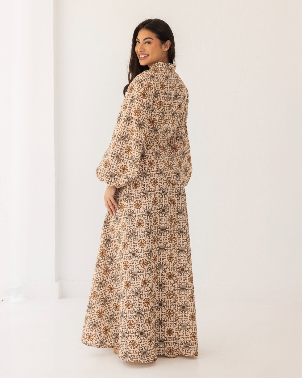 PRINTED FLOWY DRESS-BEIGE