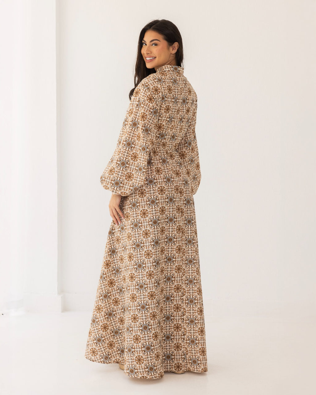 PRINTED FLOWY DRESS-BEIGE