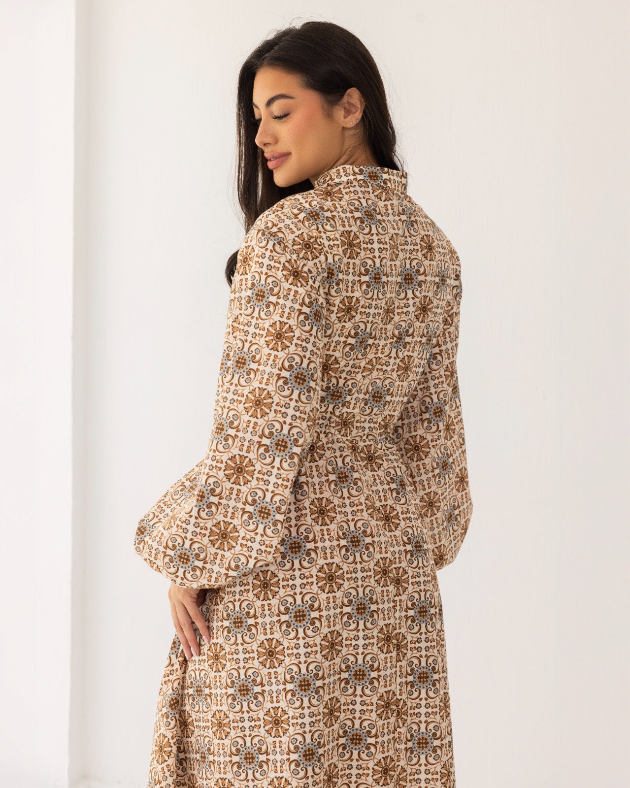 PRINTED FLOWY DRESS-BEIGE