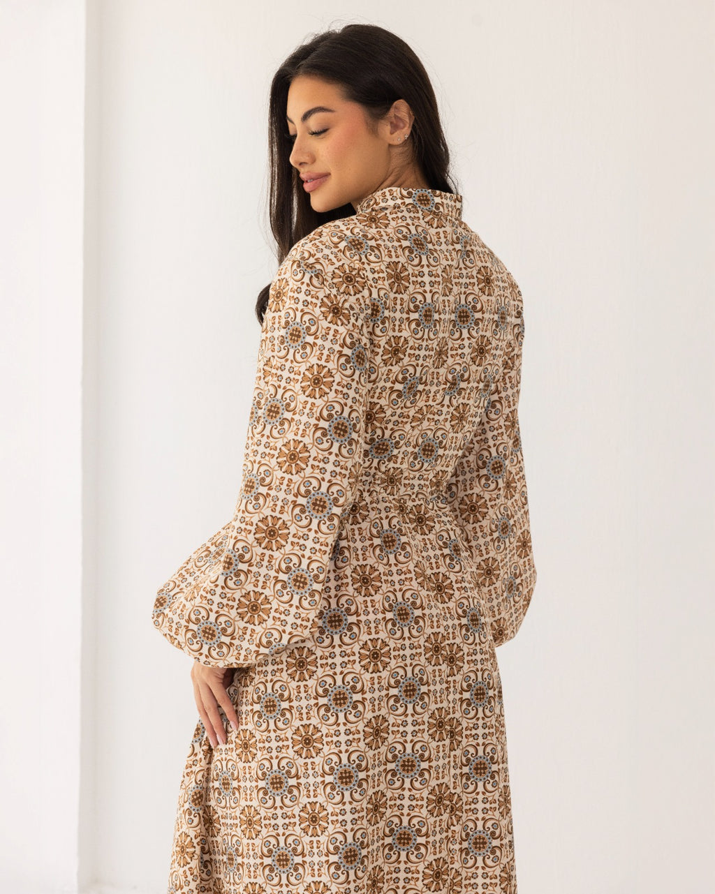 PRINTED FLOWY DRESS-BEIGE