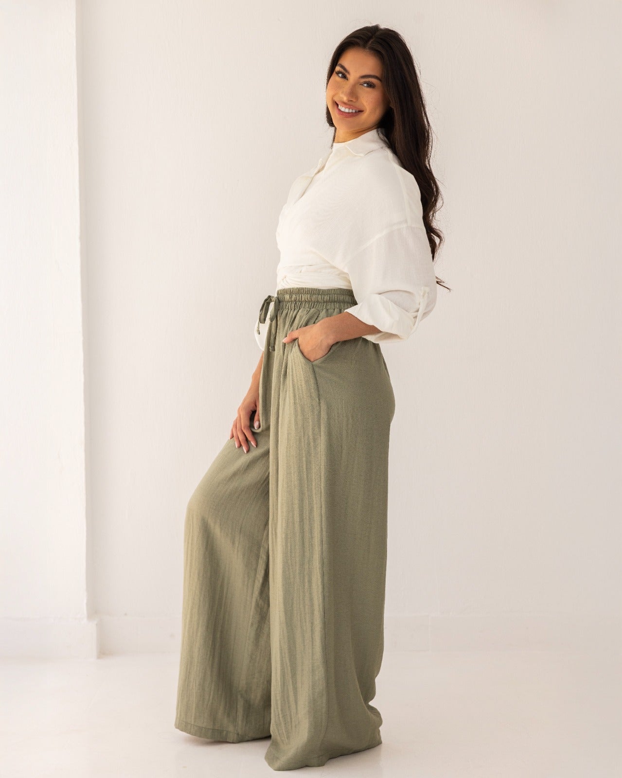STRAIGHT LINEN PANTS-OLIVE