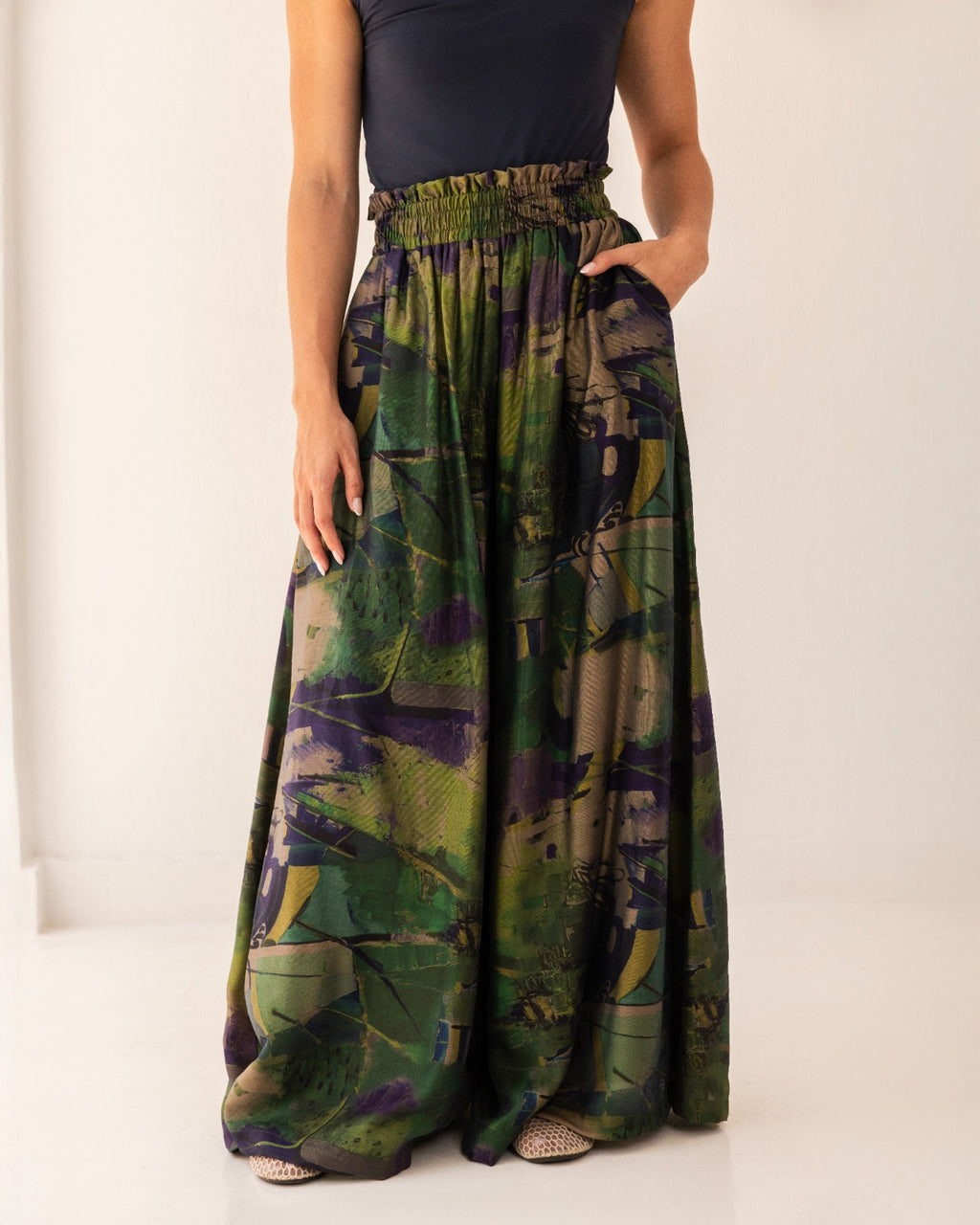 HIGH WAIST PRINTED PANTS-BLUE BLACK