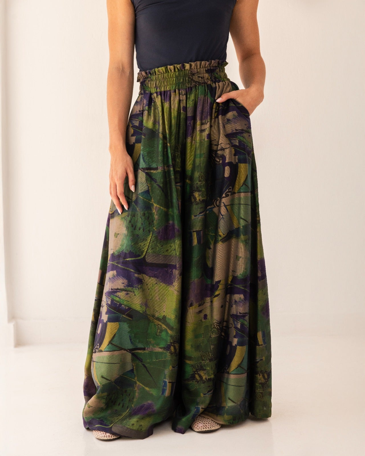 HIGH WAIST PRINTED PANTS-BLUE BLACK