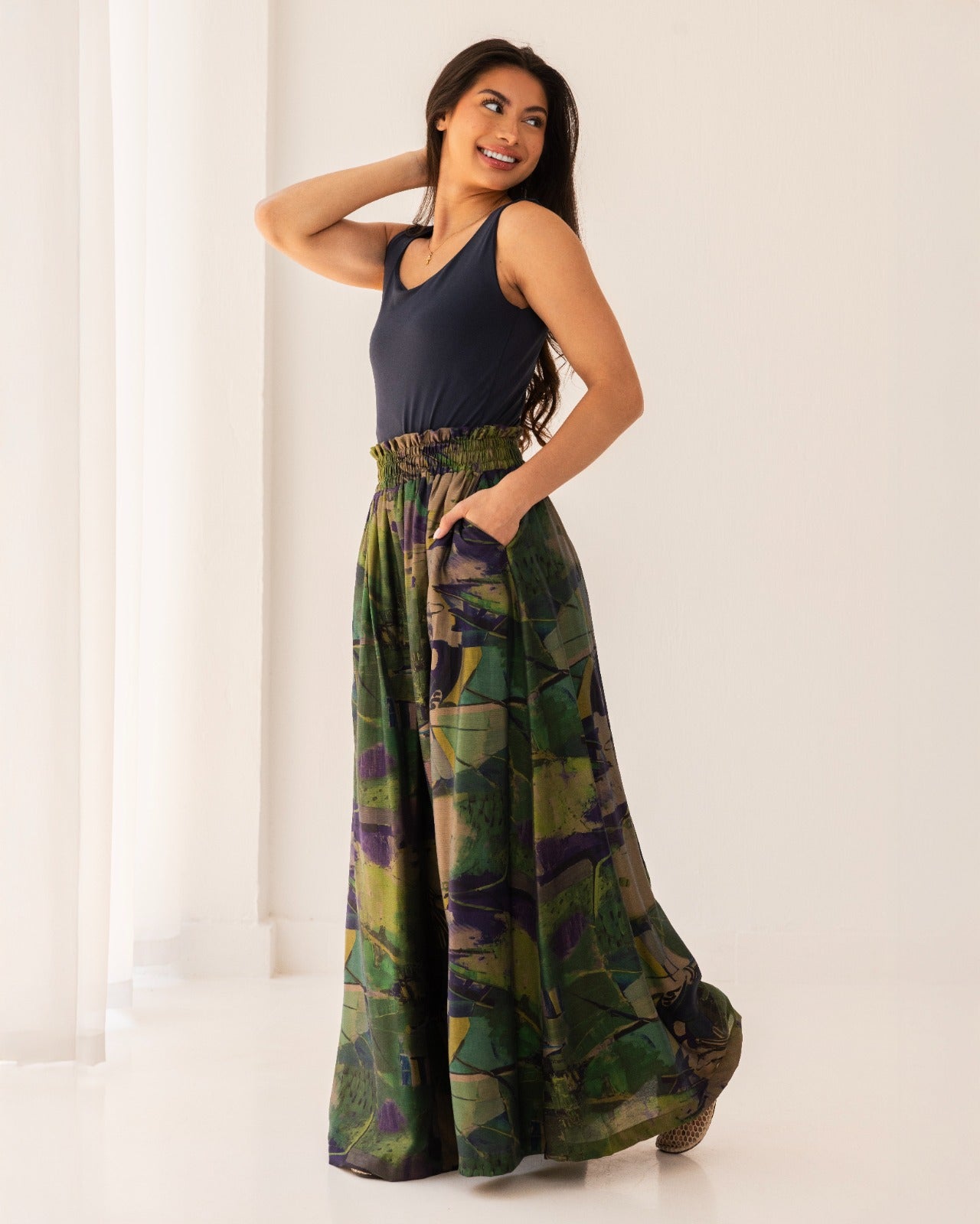 HIGH WAIST PRINTED PANTS-BLUE BLACK
