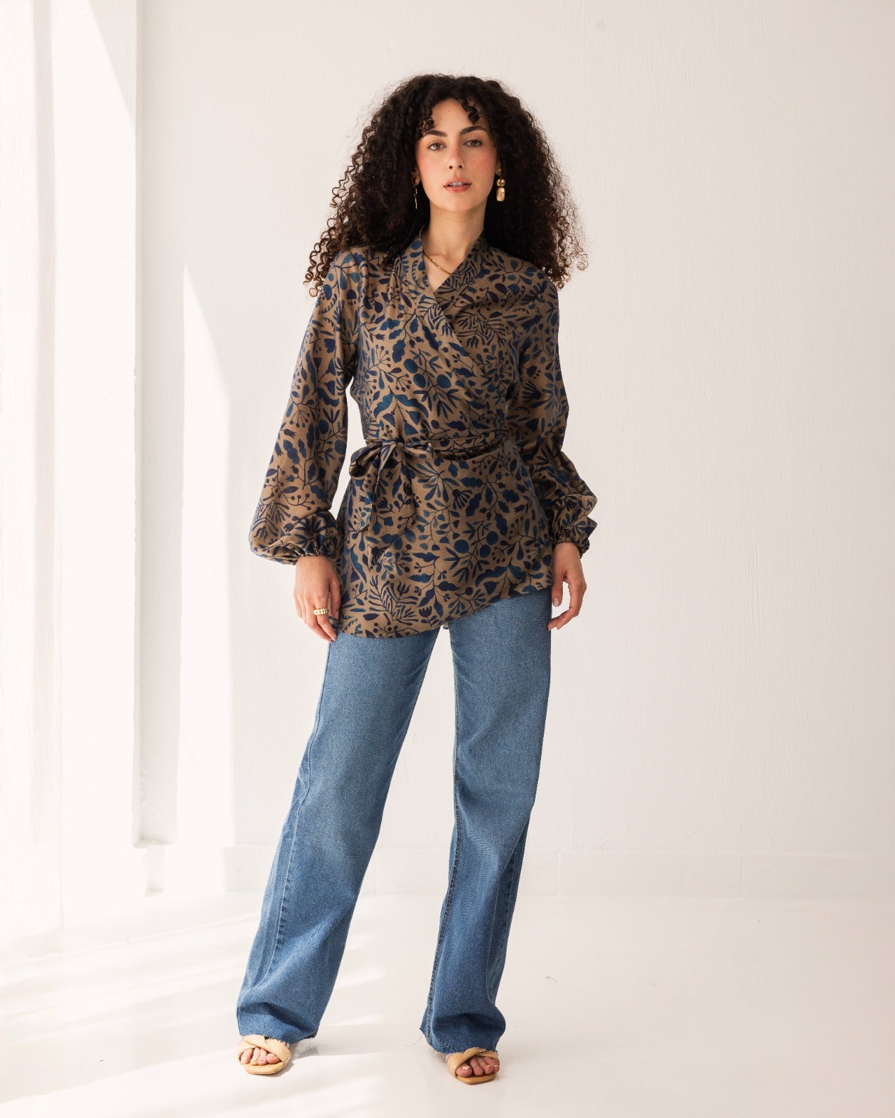 printed wrapped blouse-BLUE BLACK