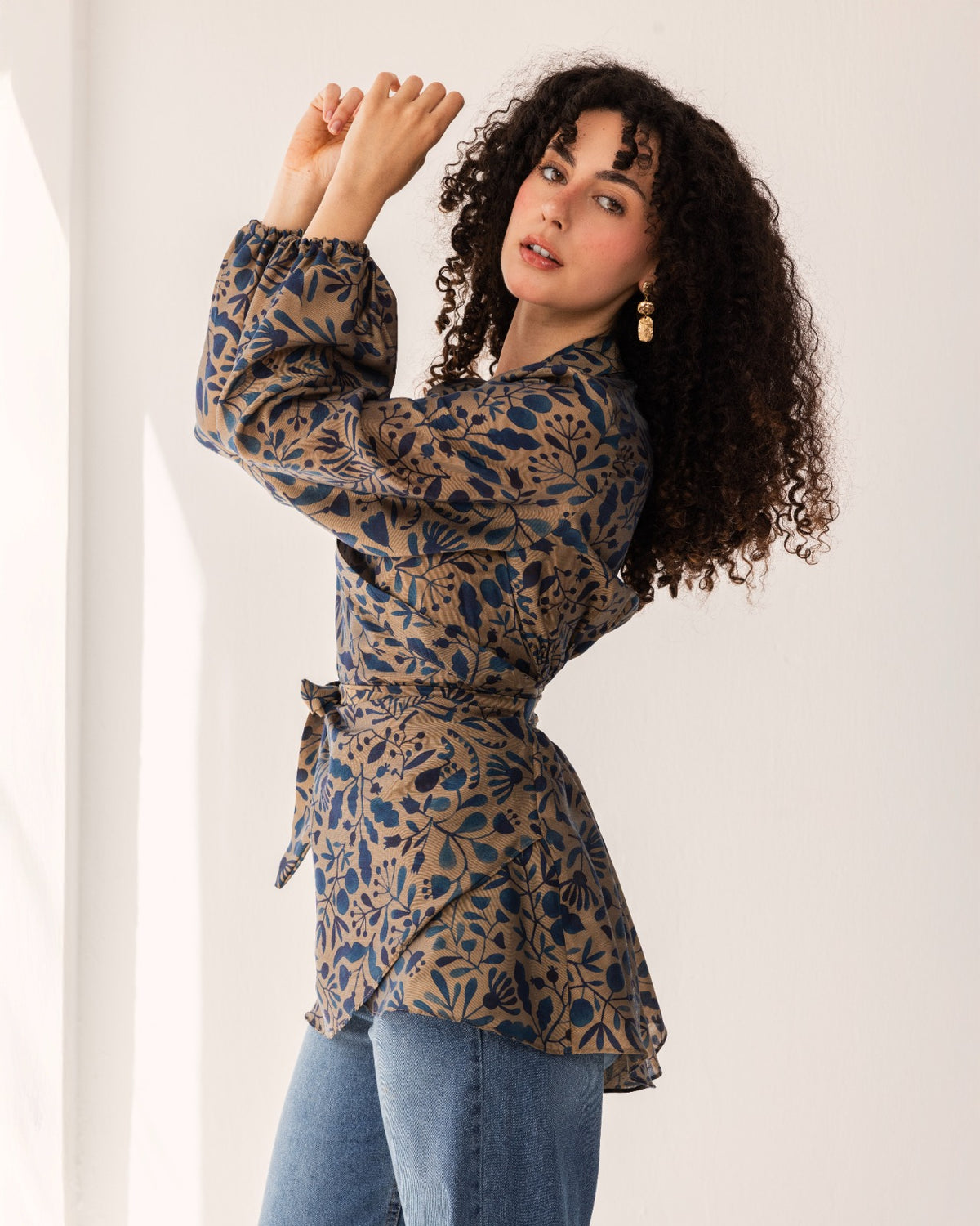 printed wrapped blouse-BLUE BLACK