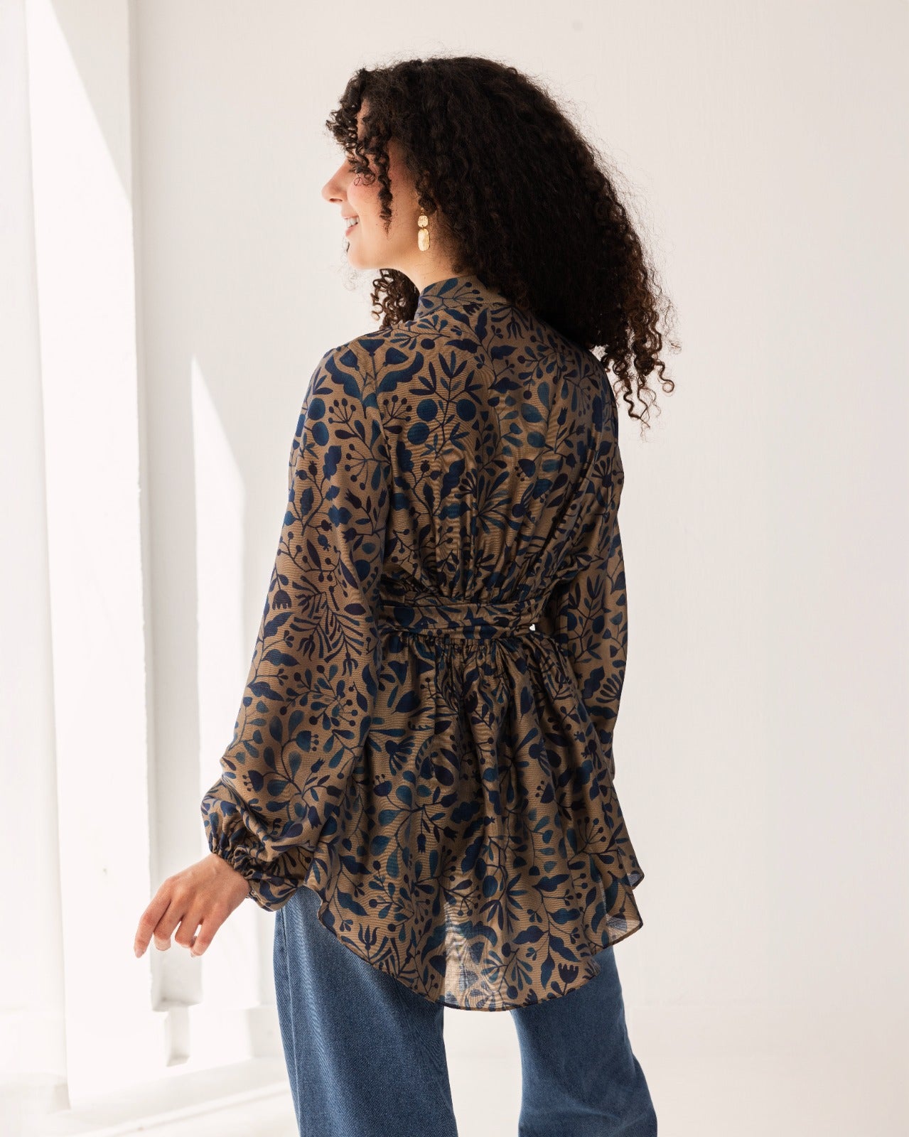 printed wrapped blouse-BLUE BLACK