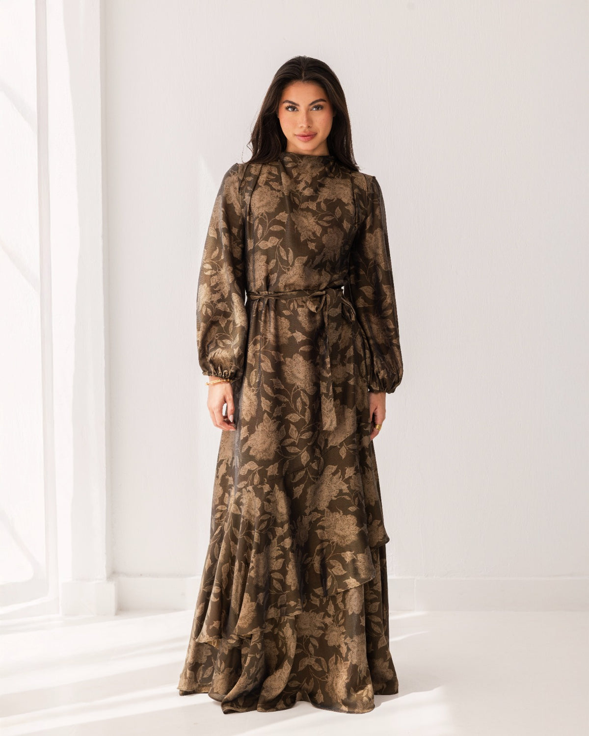 PRINTED RUFFLE DRESS-OLIVE
