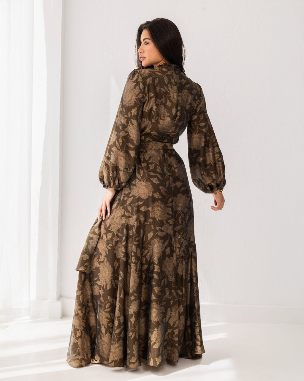 PRINTED RUFFLE DRESS-OLIVE