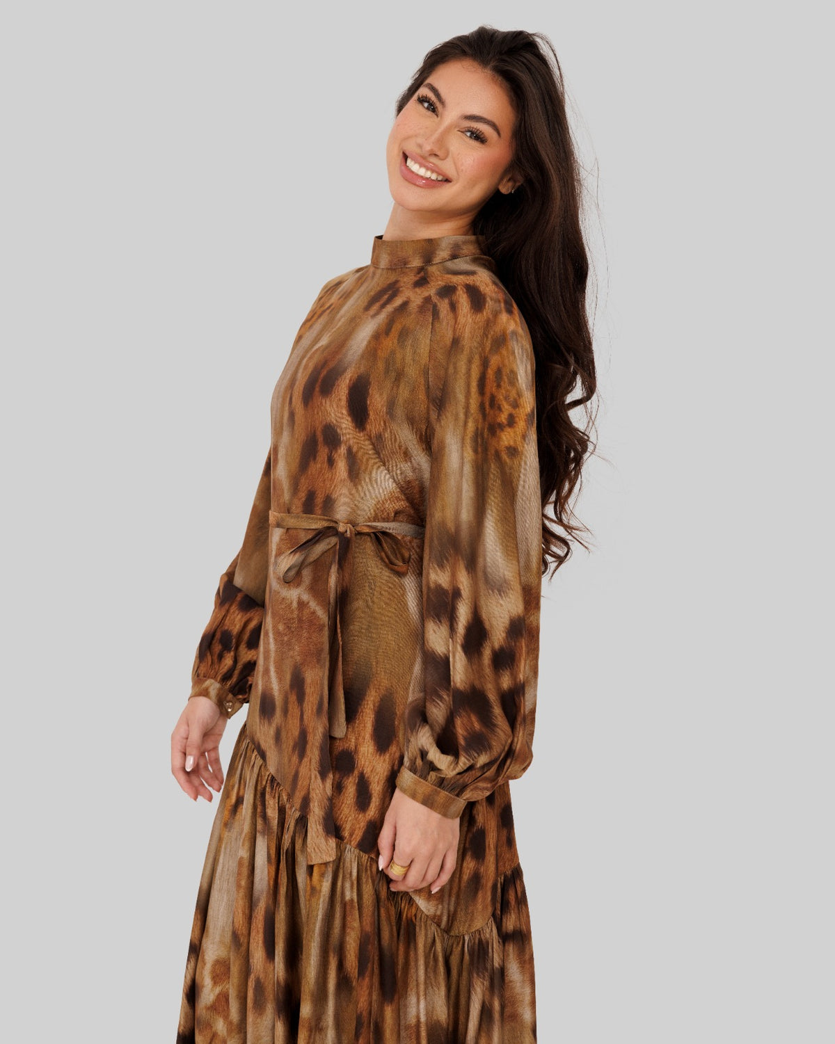 PRINTED RUFFLE DRESS-TIGER