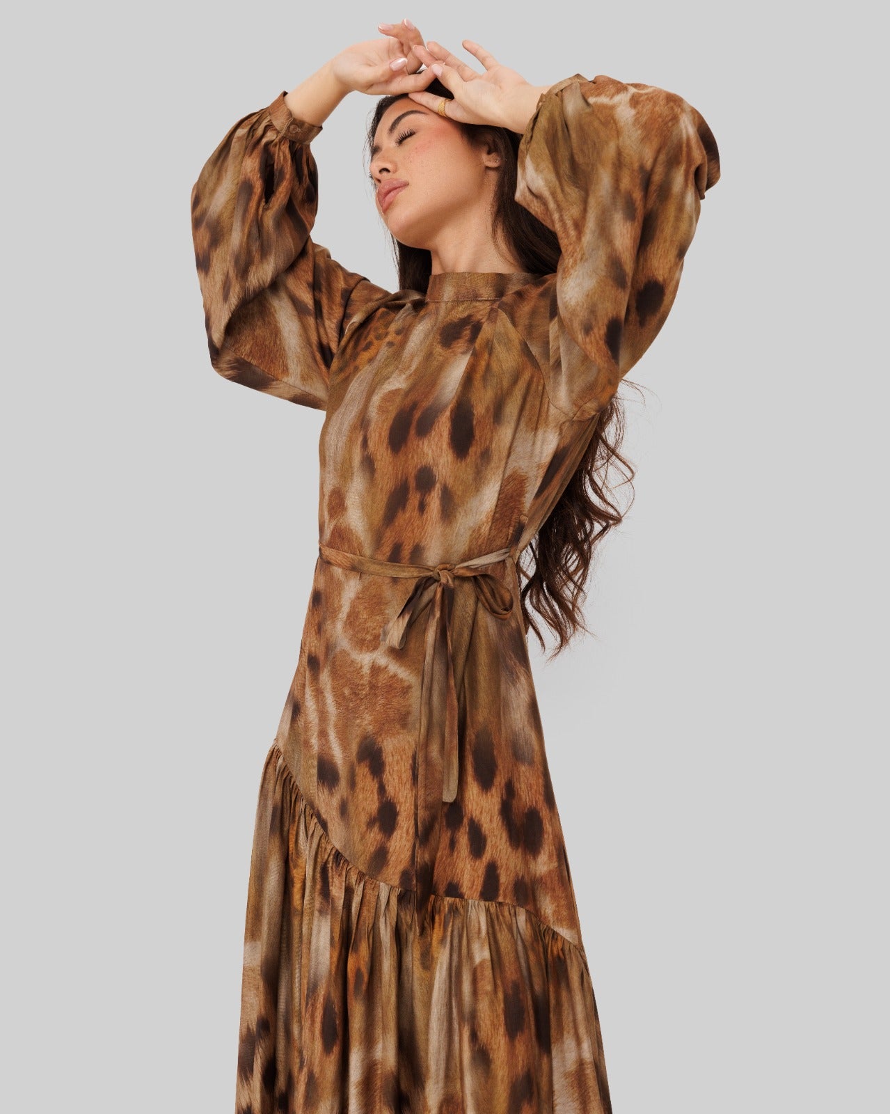 PRINTED RUFFLE DRESS-TIGER