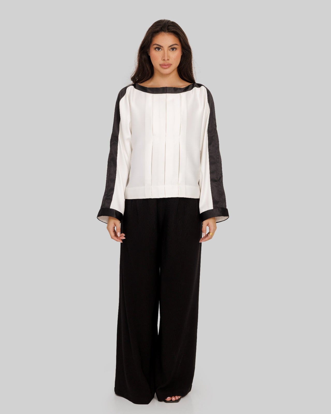 BLACK BORDER SATIN BLOUSE-OFF WHITE