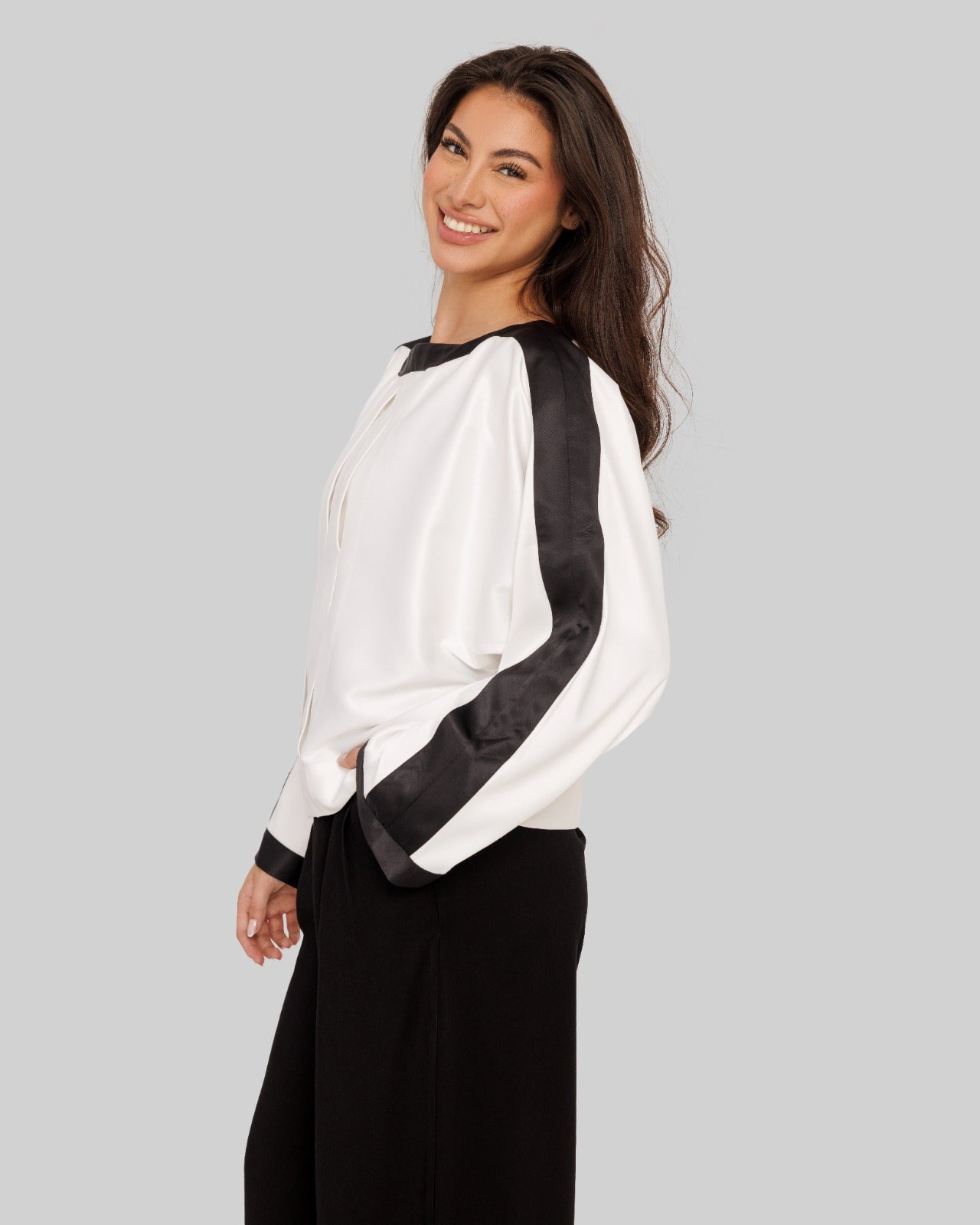 BLACK BORDER SATIN BLOUSE-OFF WHITE