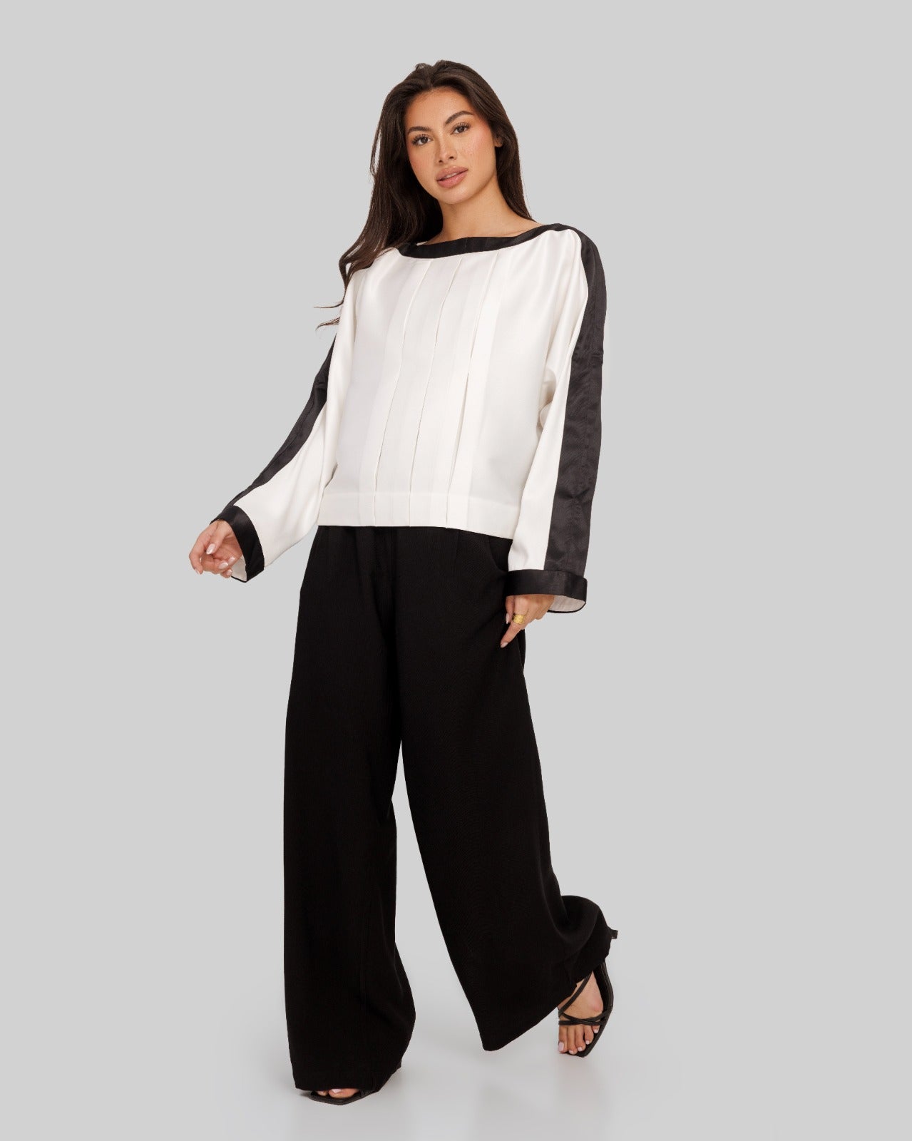 BLACK BORDER SATIN BLOUSE-OFF WHITE