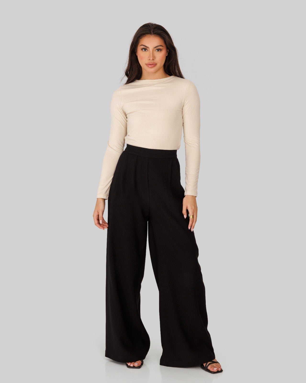 plain wide leg pants-BLACK