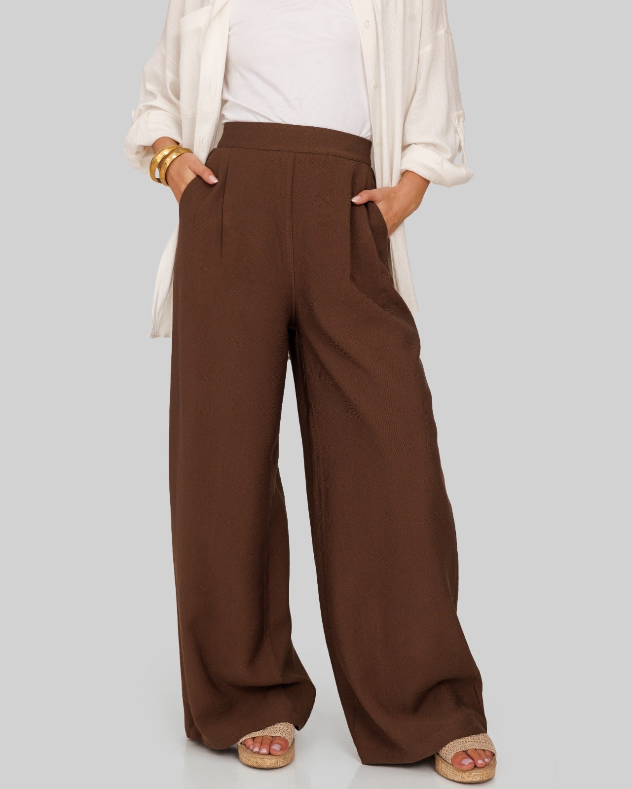 plain wide leg pants-BROWN