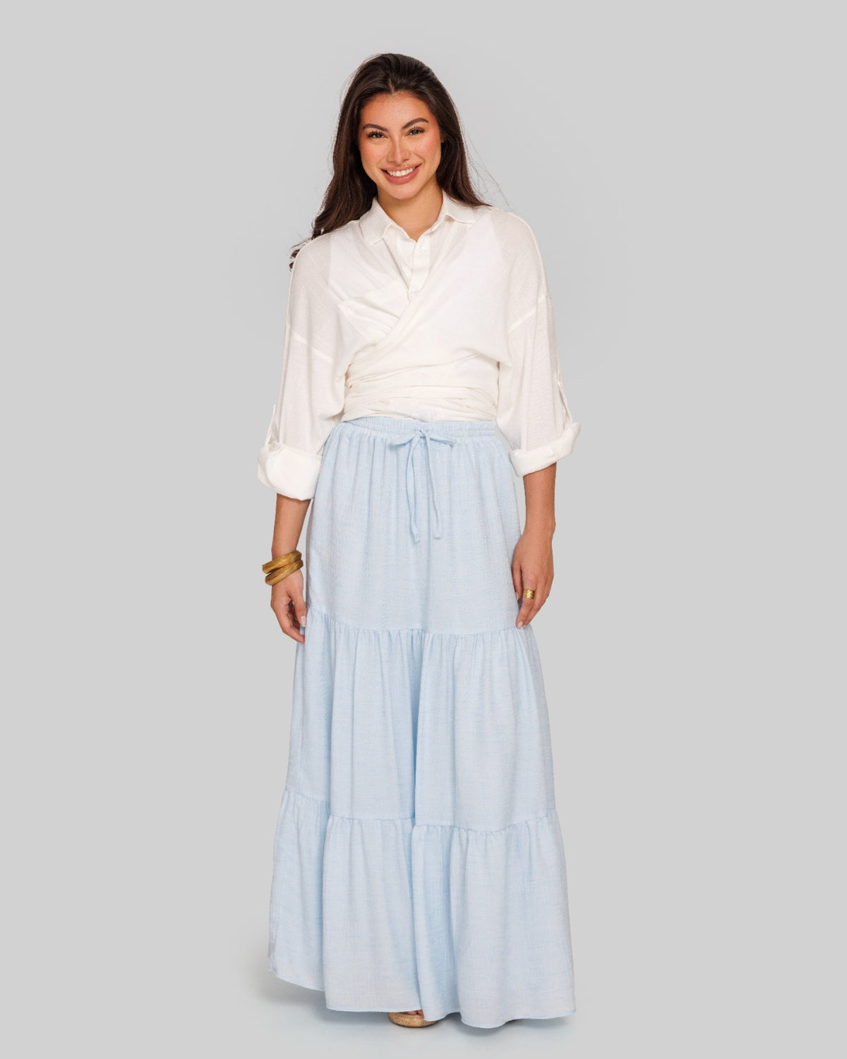 layered LINEN SKIRT-BABY BLUE