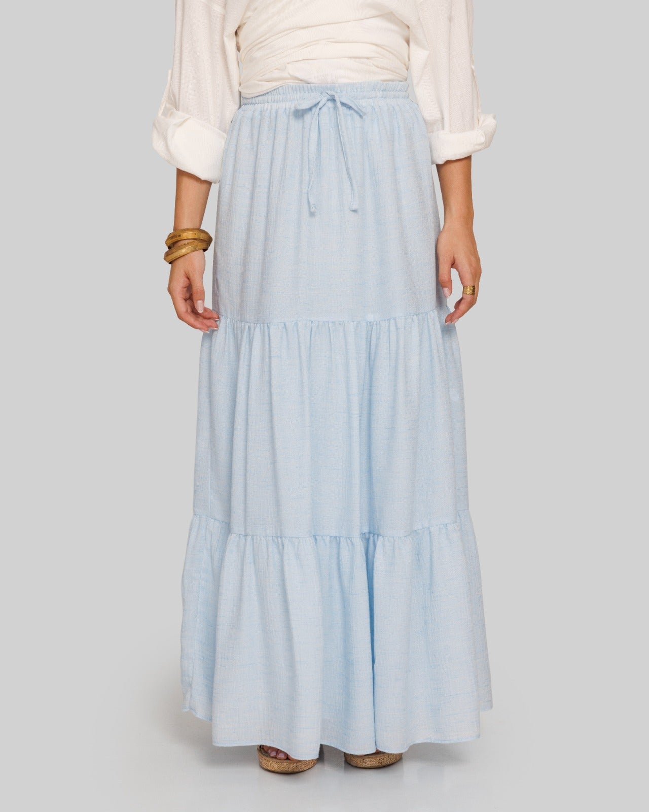 layered LINEN SKIRT-BABY BLUE