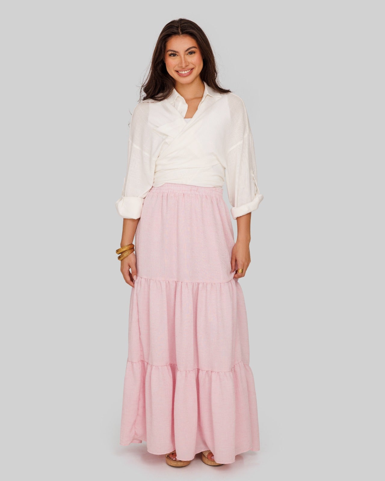 layered LINEN SKIRT-PINK