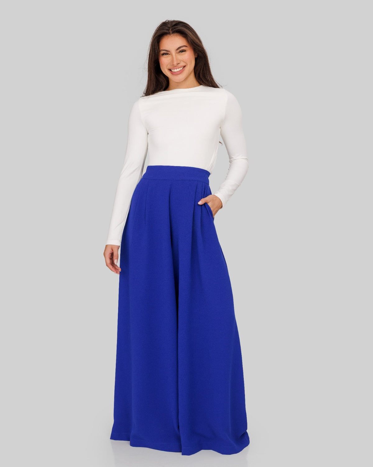 CREPE WIDE LEG PANTS-BLUE