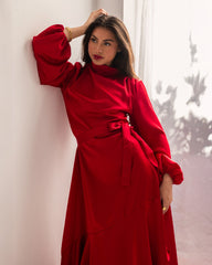 RUFFLE SATIN DRESS-RED
