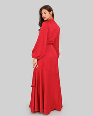 RUFFLE SATIN DRESS-RED