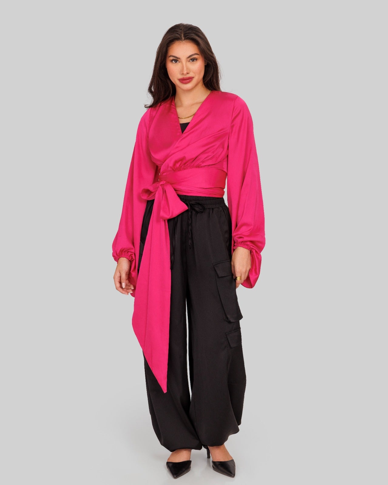 WRAPPED SATIN BLOUSE-FOSHIA