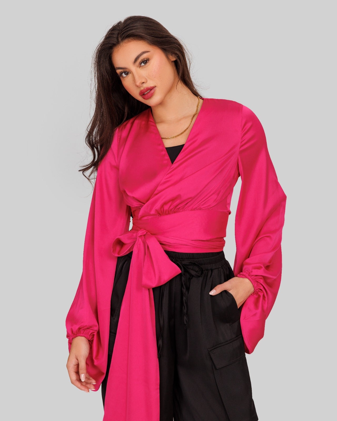 WRAPPED SATIN BLOUSE-FOSHIA