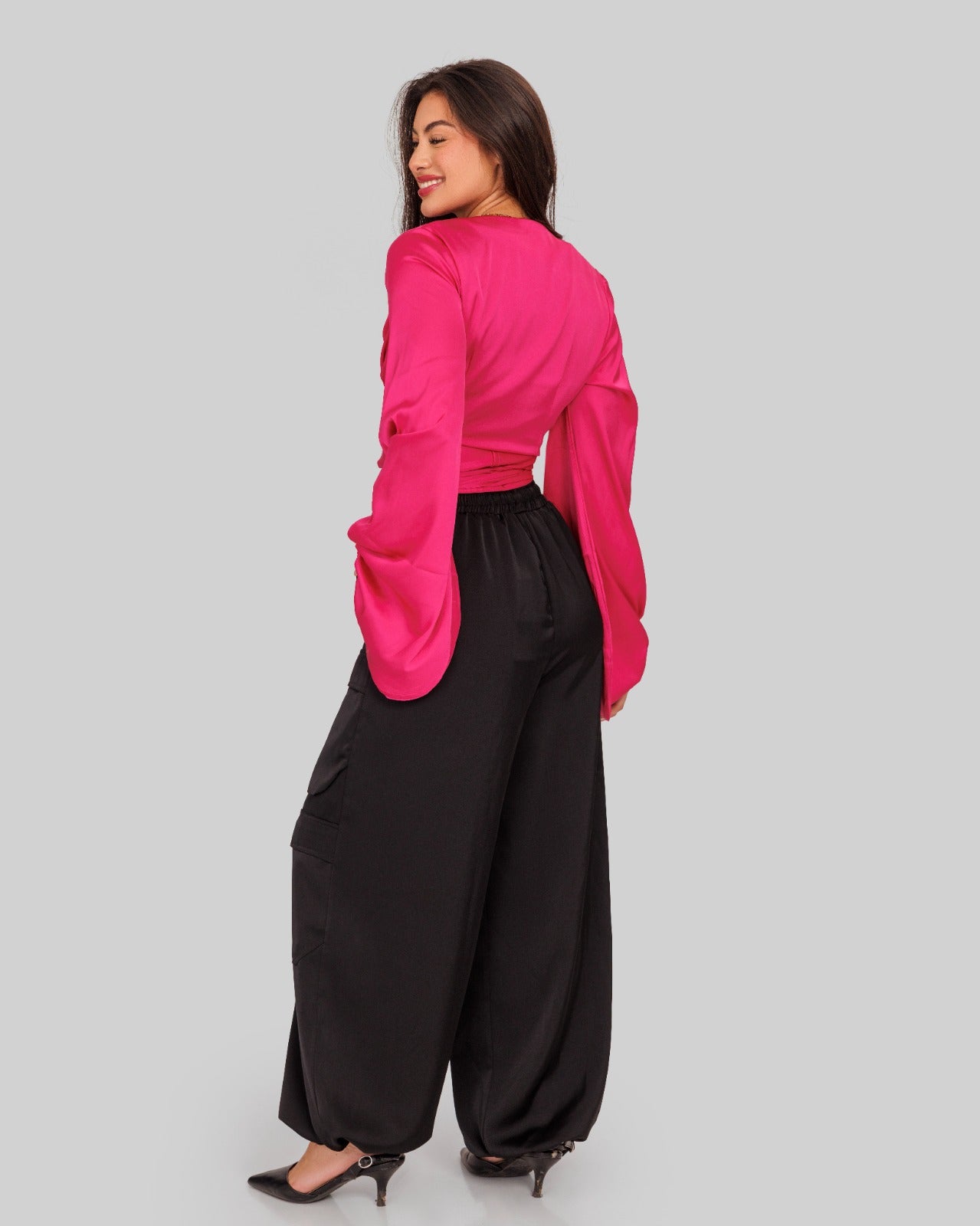 WRAPPED SATIN BLOUSE-FOSHIA