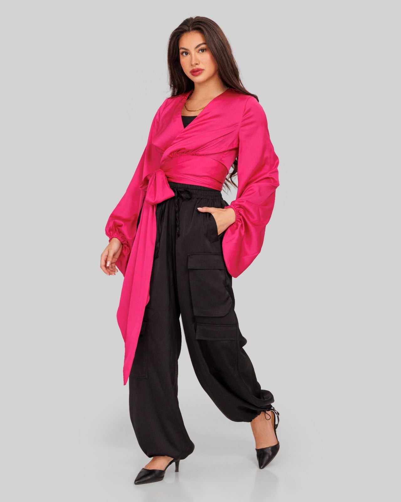 WRAPPED SATIN BLOUSE-FOSHIA