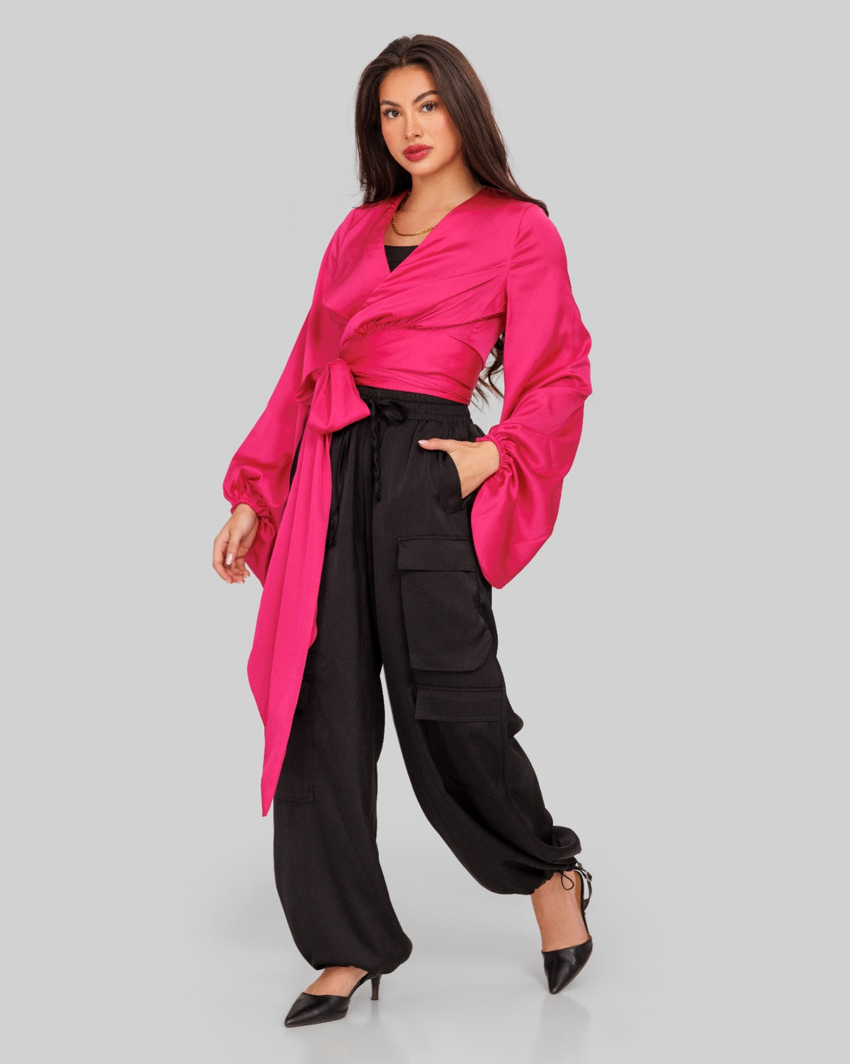 WRAPPED SATIN BLOUSE-FOSHIA