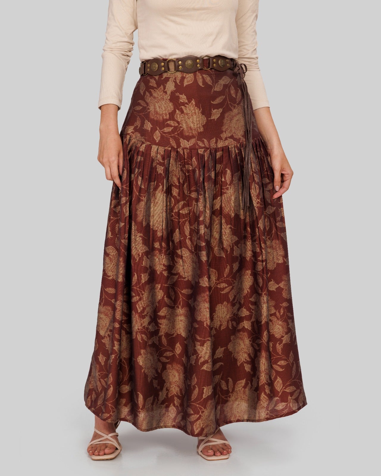 flowered plisse skirt-MAROON